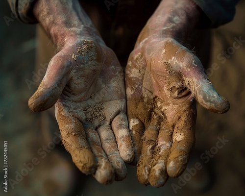 Textured worker hands, warm and dirty from hard work, coated in dirt and mud, embody the raw beauty of imperfection and the stories in flaws.