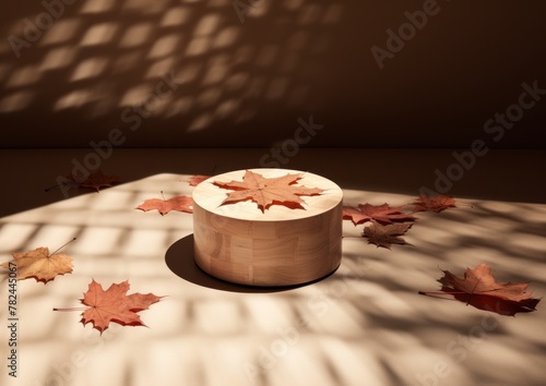 Autumnal Still Life with Wooden Box and Fallen Leaves Generative AI photo