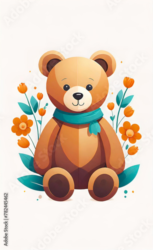 Vector illustration  children s teddy bear toy with flowers  background for children s room 