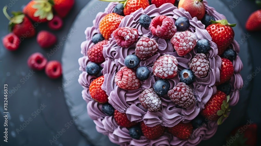   A cake adorned with strawberries, raspberries, blueberries, and more raspberries on a plate