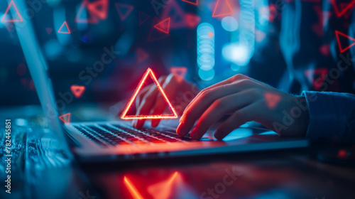Staffs or Businessman, programmer, developer using computer laptop with triangle caution warning sign for notification error and maintenance concept.