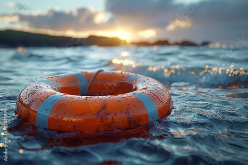 Life preserver floats on water under sky, creating calm natural landscape