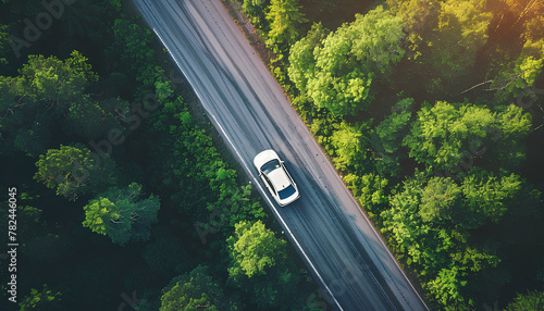 car driving along an asphalt road in the forest top view