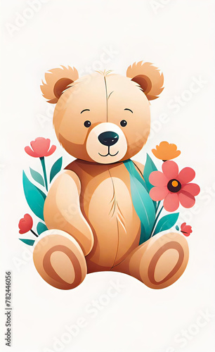 Vector illustration, children's teddy bear toy with flowers, background for children's room,