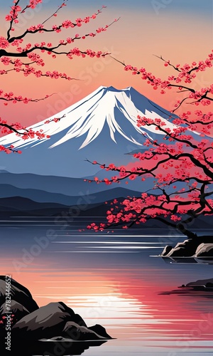 Majestic Mount Fuji in foreground  complemented by delicate backdrop of cherry blossoms in full bloom  tranquility of Japans iconic landscapes. For art  creative projects  fashion  style  magazines.
