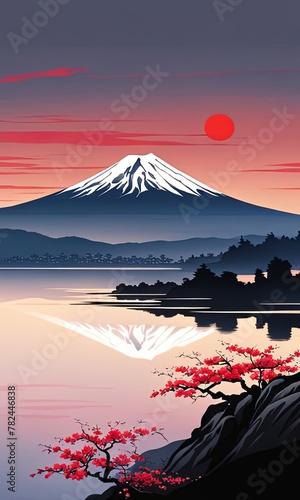 Majestic Mount Fuji  Japans iconic peak  bathed in warm hues of breathtaking sunset. Tranquil beauty of scene is accentuated by blending colors of sky. For art  creative projects  fashion  magazines.