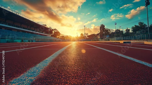 Slow Motion Video of a Sunrise over Empty Athletic Running Track in Stadium photo