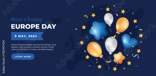 Europe Day 9th May. Happy Europe day blue banner with map and balloons photo
