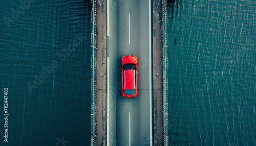 Car driving on a bridge, top view