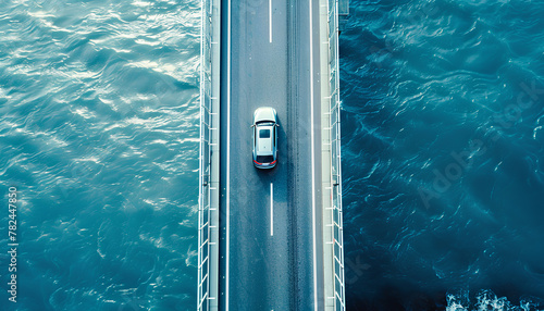 Car driving on a bridge, top view