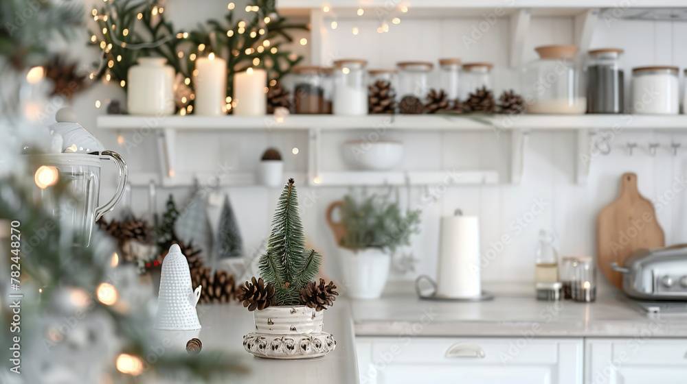 Beautiful design of the white wall in the kitchen. Shelves on the wall with a beautiful decor Beautiful design of the white wall in the kitchen. Shelves on the wall with a beautiful decor