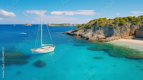 Beautiful beach with sailing boat yacht, Menorca island, Spain © Nate