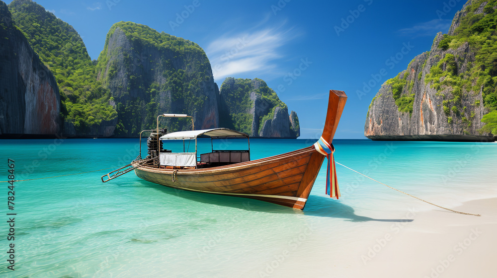 Obraz premium boat on sand of Maya bay Phi phi island