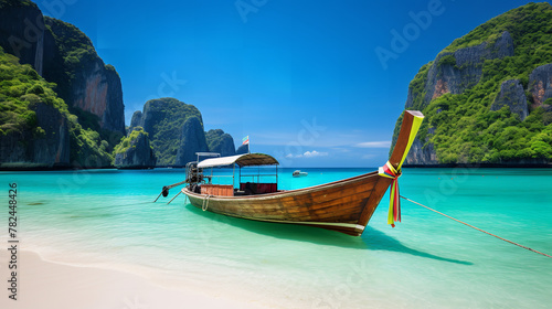 boat on sand of Maya bay Phi phi island © Nate