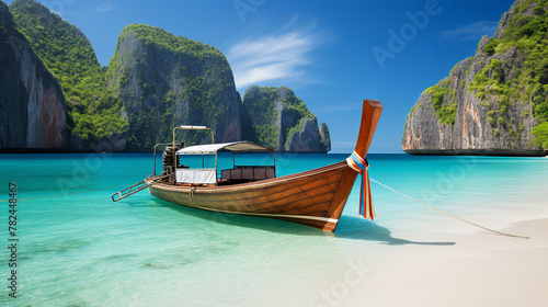 boat on sand of Maya bay Phi phi island photo