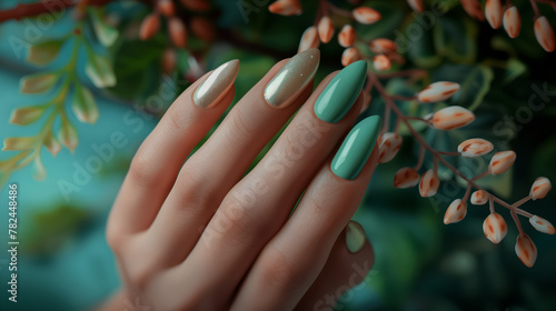 Beautiful womans hands with earth tone green nails.