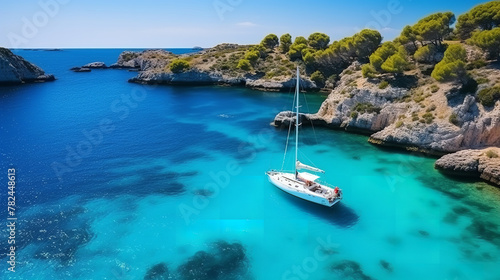 Beautiful beach with sailing boat yacht  Menorca island  Spain