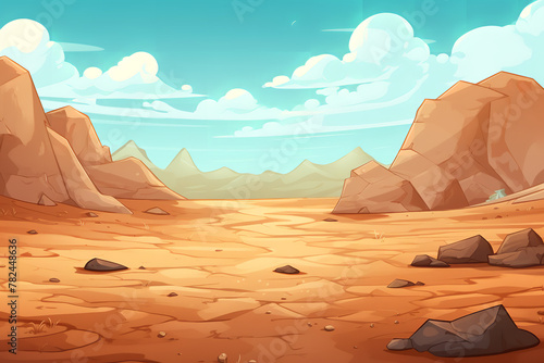 cartoon landscape background with desert, in the style of creased crinkled wrinkled, terracotta, flattened perspective, stone