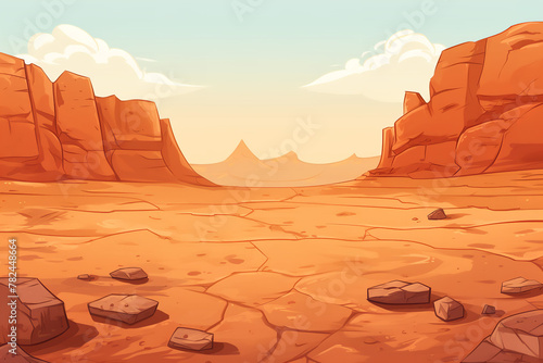 cartoon landscape background with desert, in the style of creased crinkled wrinkled, terracotta, flattened perspective, stone photo