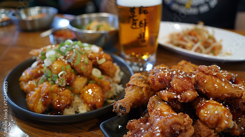 Chimaek chicken and beer, crispy Korean fried chicken paired with a cold beer