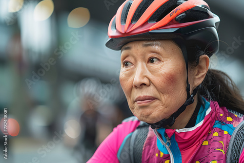 close up shot, photo of A middle-aged woman of Asian descent, around 45 years old, with shoulder-length black hair pulled back into a ponytail