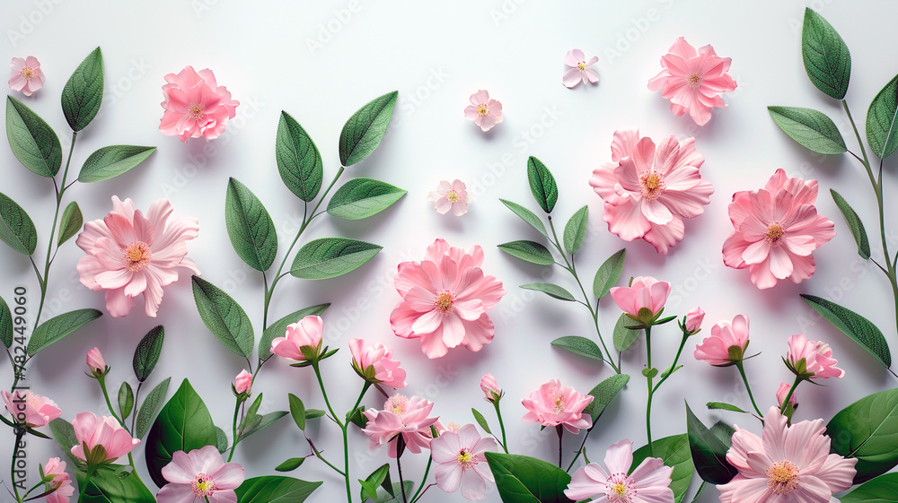 Scattered spring flowers on white background, top view with copy space Scattered spring flowers on white background, top view with copy space