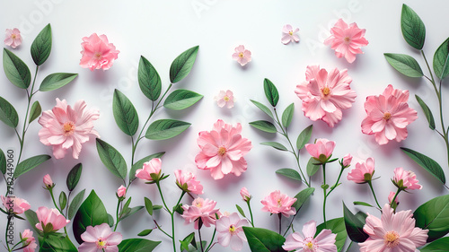 Scattered spring flowers on white background  top view with copy space