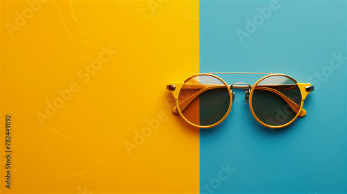 Obraz na płótnie Sunglasses on the yellow and blue minimalist background. w salonie