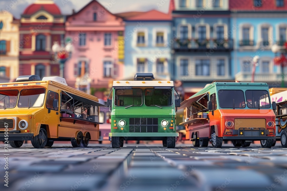 Obraz premium Classic fusion cuisine food trucks parked against a blurred building background, offering a blend of old and new culinary delights.