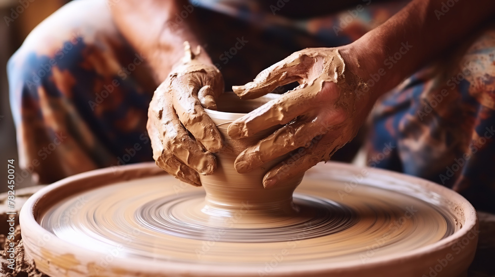 Hands of potter making clay pot. Close up process shot of a potter's hands shaping clay on a pottery wheel Hands of potter making clay pot. Close up process shot of a potter's hands shaping clay on a pottery wheel