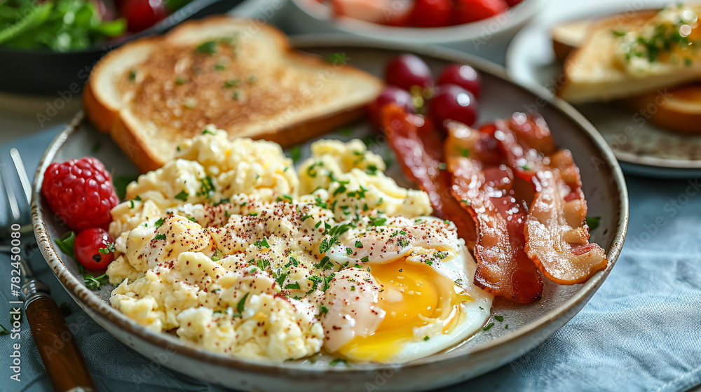 There is a plate of bacon and scrambled eggs on a wooden table. There is also a bowl of strawberries on the table.