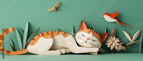 A cat sleep side by side birds in a 3D paper cutout scene, symbolizing an unlikely friendship that defies nature's cold logic.