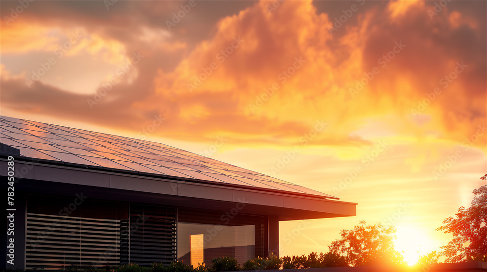 Sunset over the roof of house with photovoltaic panels.