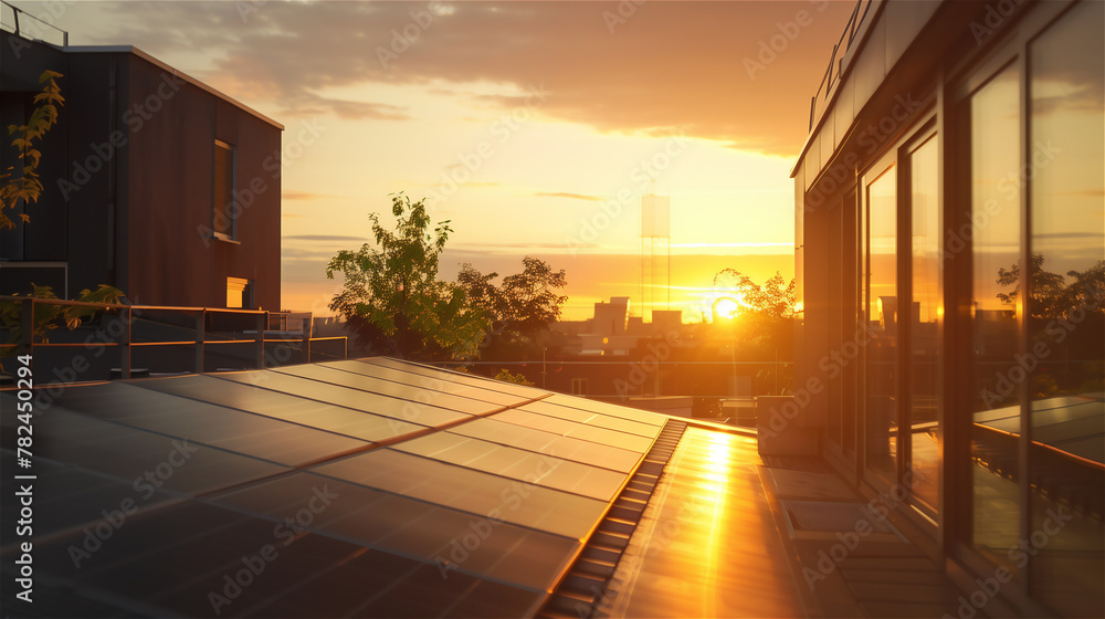 Sunset over the roof of house with photovoltaic panels.