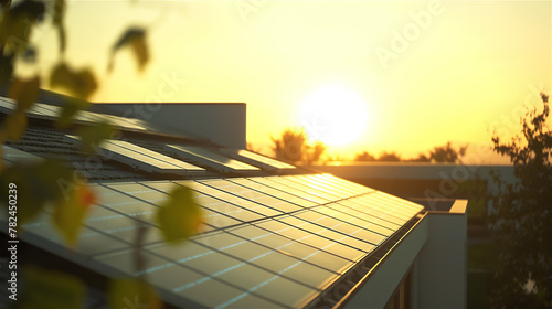 Sunset over the roof of house with photovoltaic panels.  photo