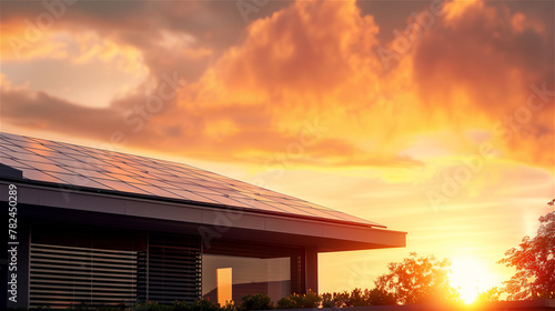 Obraz na płótnie Sunset over the roof of house with photovoltaic panels. w salonie