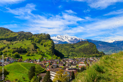 View of Balzers town and Alps in Liechtenstein
