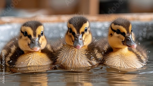  Three little ducklings swim in the water One tilts its head above the surface, while the other does the same