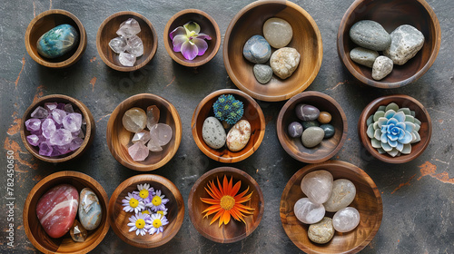 Stones and Flower in Wooden Bowls