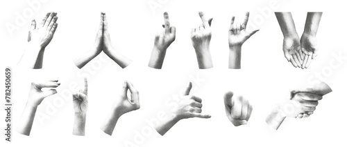 Trendy retro photocopy effect elements set. Various halftone hands gestures, love, shaka, clapping, praying, handshake, rock. Dotted vector illustration with stippling grainy gradient photo