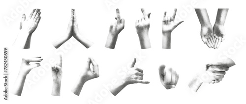 Trendy retro photocopy effect elements set. Various halftone hands gestures, love, shaka, clapping, praying, handshake, rock. Dotted vector illustration with stippling grainy gradient