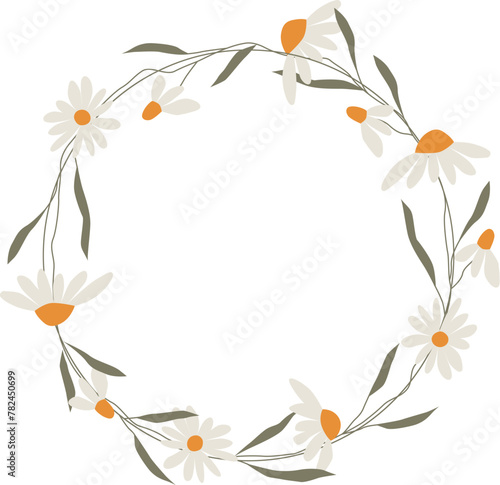 Daisy circle wreath. Flower vector round frame. Flat chamomile illustration