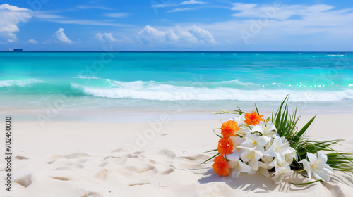 White sand beach, blue sea decorated with beautiful flowers