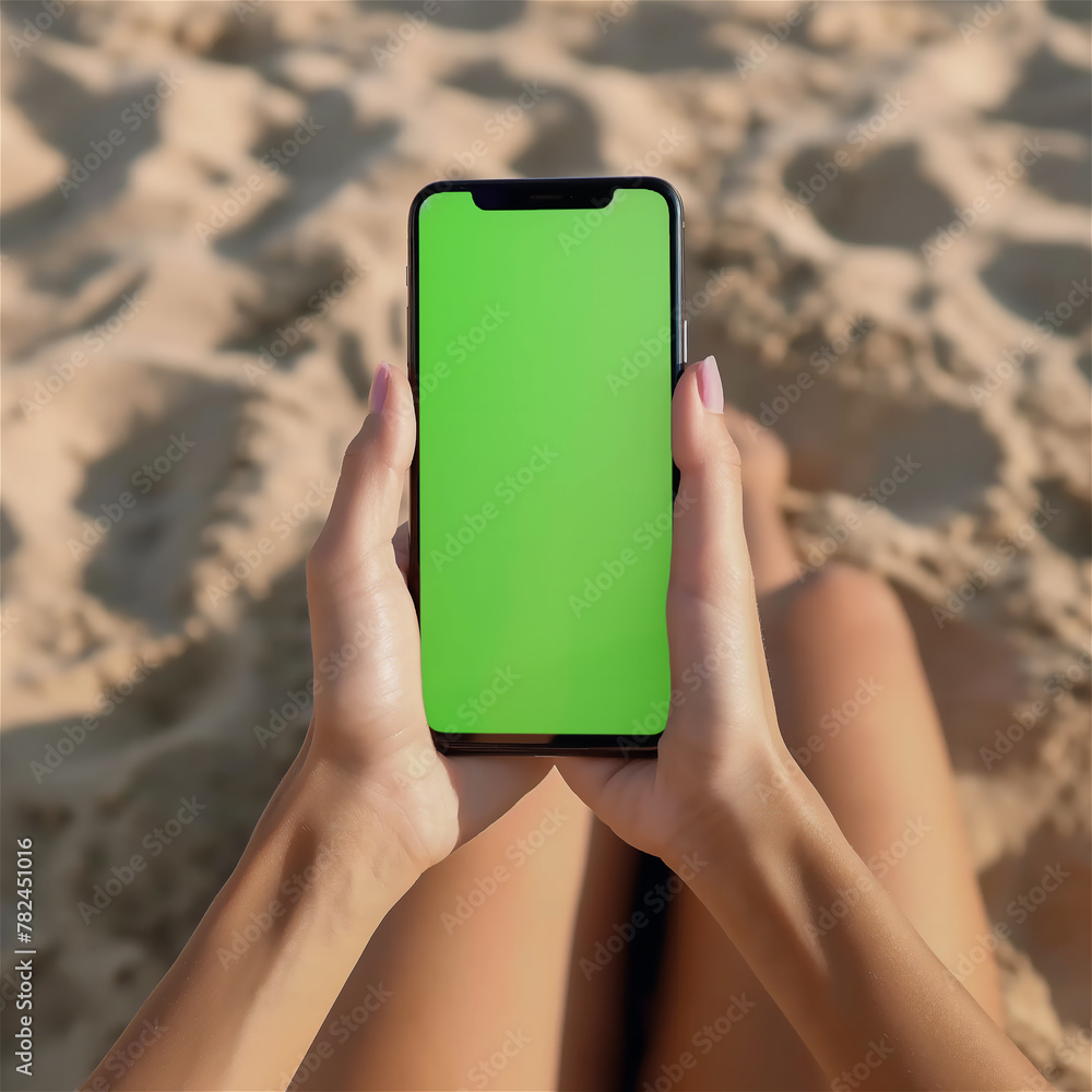 Woman holding a smartphone with green blank screen on the beach.