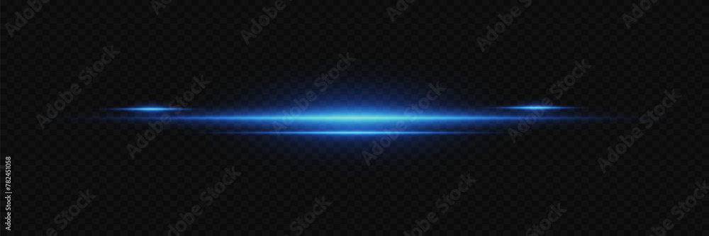 Blue neon beam of light. The glare of a laser line flash. On a transparent background.