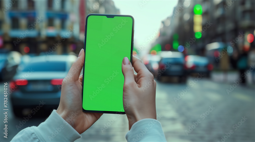 Woman holding a smartphone with green blank screen on the street.