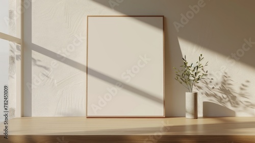 Blank a4 wood frame mockup interior background, circular motion, 3d rendering. living room. Vertical painting plaque mockup. Clear table border with canvas panel template