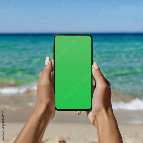 Obraz na płótnie Woman holding a smartphone with green blank screen on the beach. w salonie