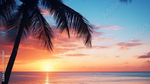 Tropical sunrise. Palm silhouettes and serene ocean. Idyllic vacation scene.