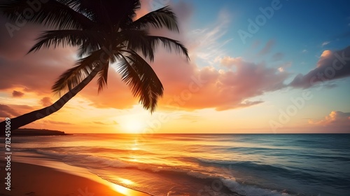 Tropical sunrise. Palm silhouettes and serene ocean. Idyllic vacation scene.